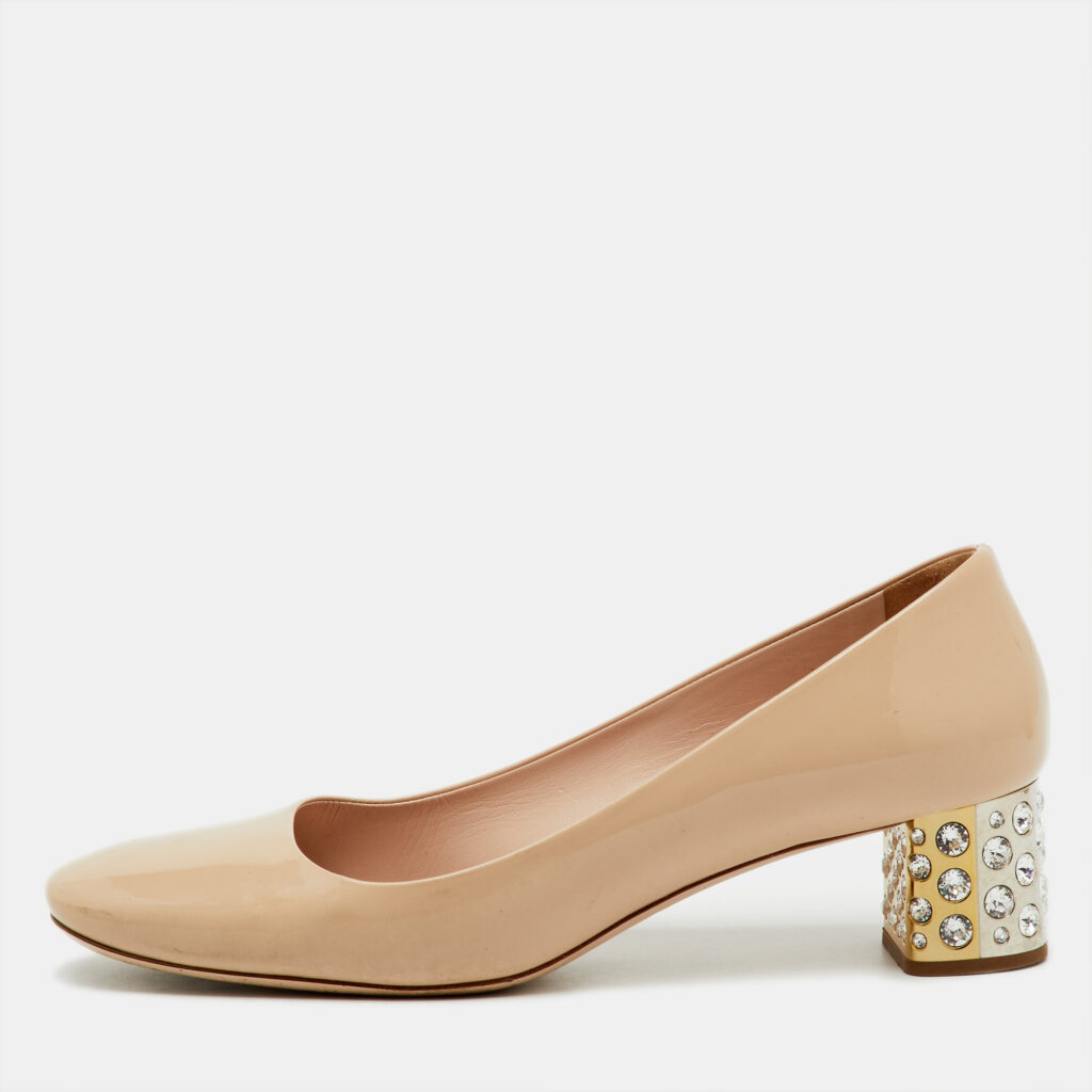 Miu Miu Beige Patent Leather Crystal Embellished Block Heel Pumps Size 40