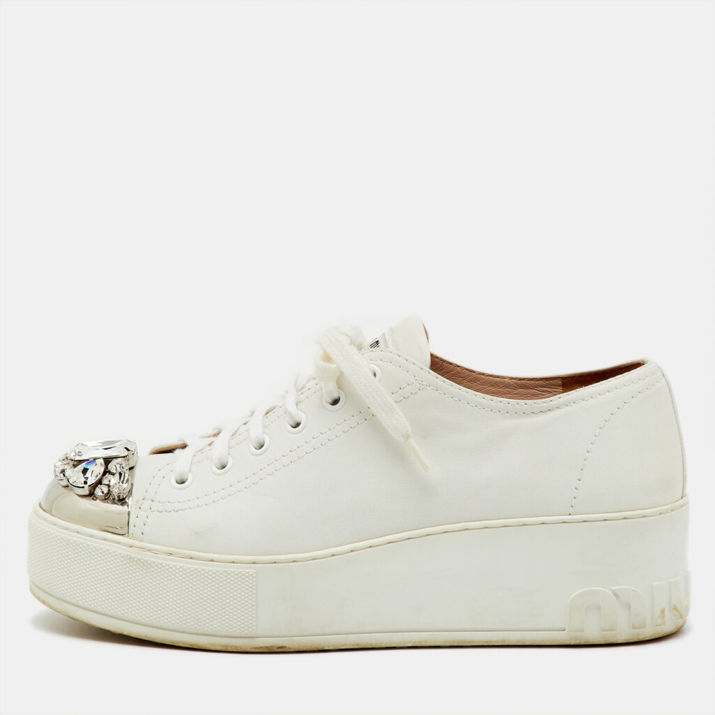 luxury-women-miu-miu-used-shoes-p1224930-001.jpg Miu Miu White Leather Crystal Embellished Cap Toe Platform Sneakers Size 38