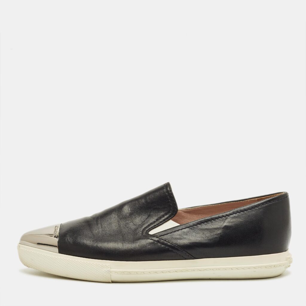 Miu Miu Black Leather Metal Cap Toe Slip On Sneakers Size 36 Miu Miu Black Leather Metal Cap Toe Slip On Sneakers Size 36