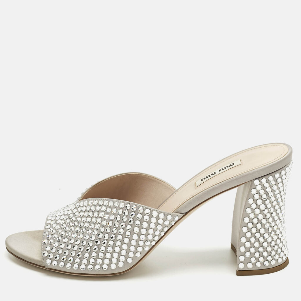 Miu Miu Grey Satin Crystal Embellished Heel Mules Size 40.5 Miu Miu Grey Satin Crystal Embellished Heel Mules Size 40.5