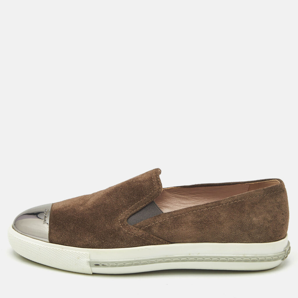 Miu Miu Brown Suede Metal Cap Toe Slip On Sneakers Size 37 Miu Miu Brown Suede Metal Cap Toe Slip On Sneakers Size 37