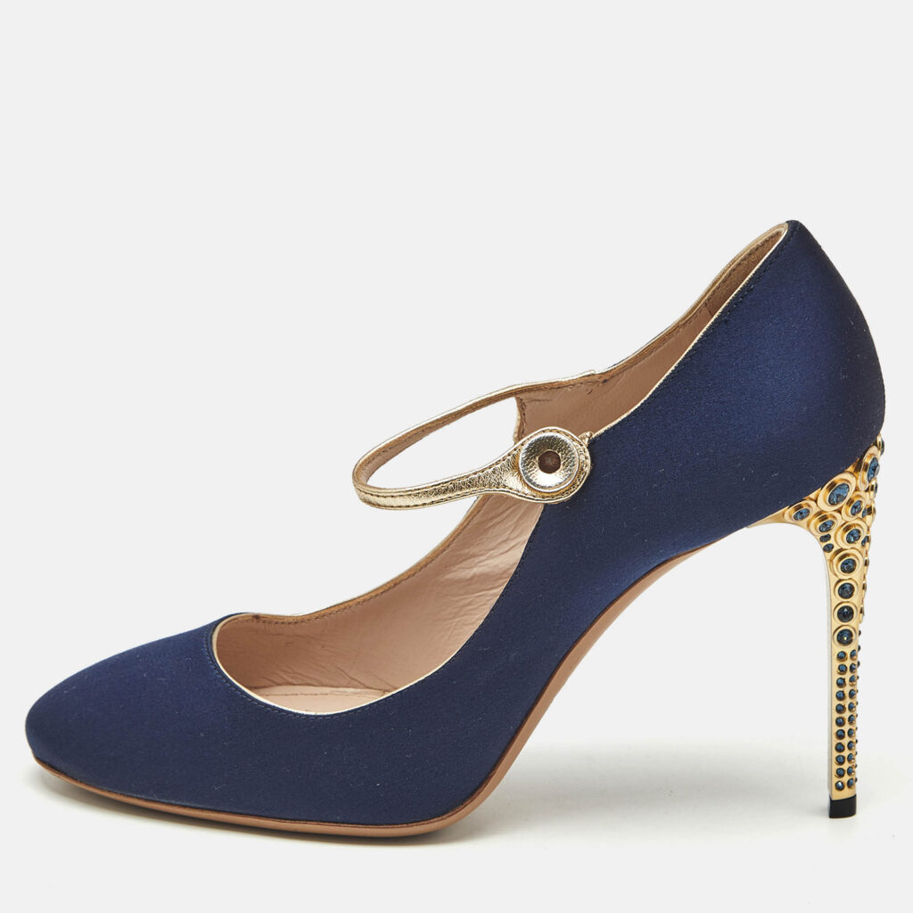 Miu Miu Blue/Gold Satin and Leather Mary Jane Pumps Size 38