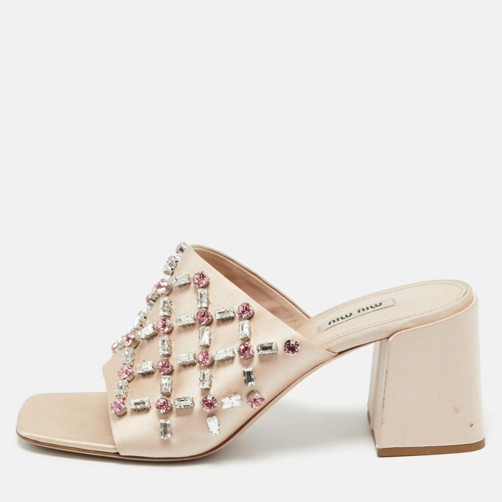 Miu Miu Beige Satin Crystal Embellished Block Heel Sandals Size 41 Miu Miu Beige Satin Crystal Embellished Block Heel Sandals Size 41