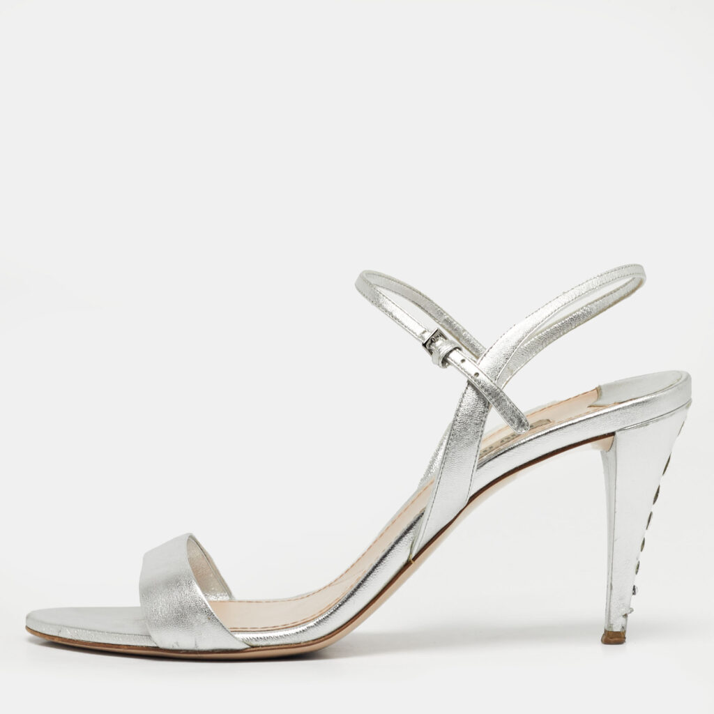 Miu Miu Silver Leather Ankle Strap Sandals Size 40.5