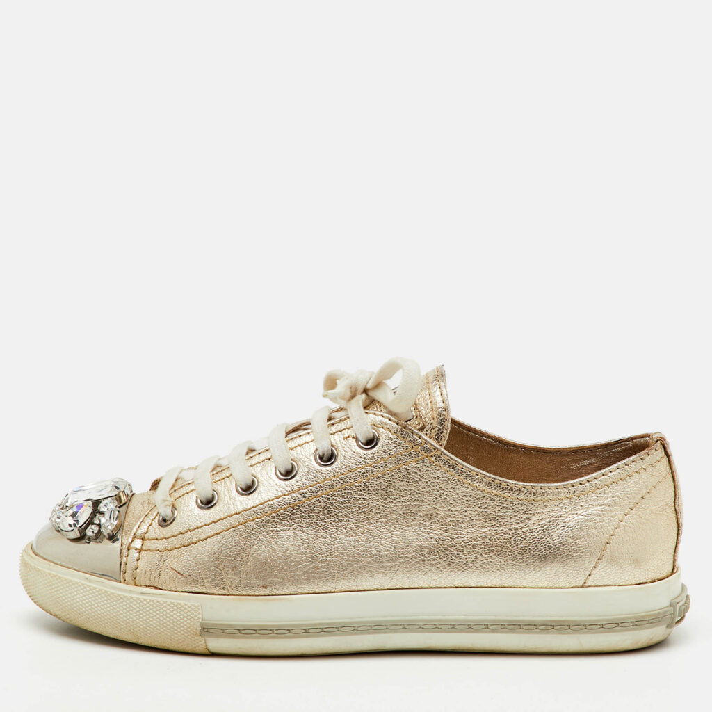 Miu Miu Gold Leather Crystal Embellished Cap Toe Low Top Sneakers Size 39