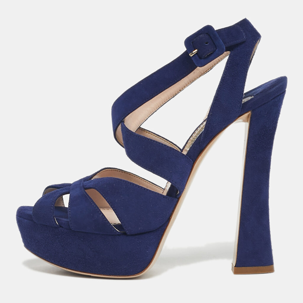 Miu Miu Blue Suede Platform Ankle Strap Sandals Size 36.5