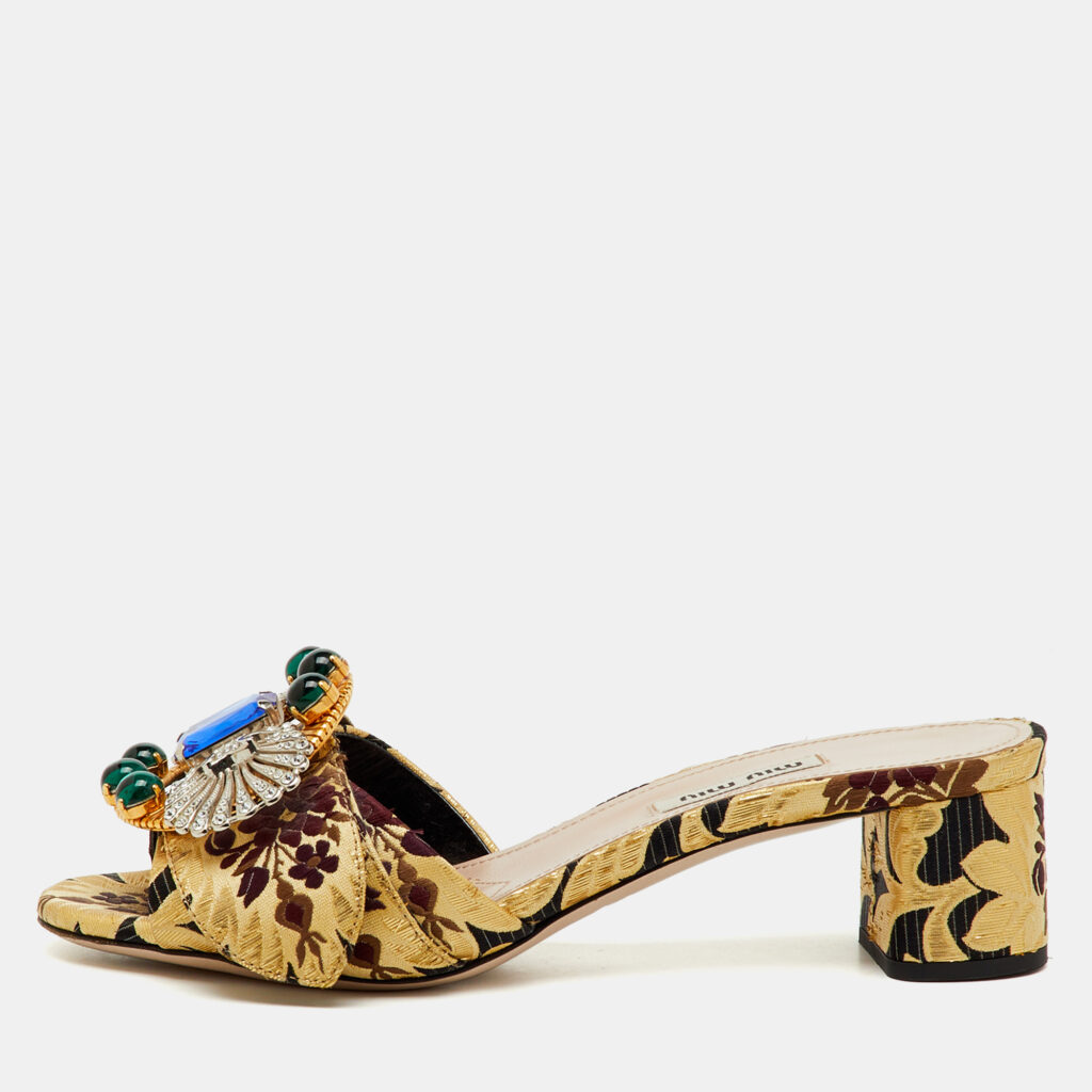 Miu Miu Multicolor Brocade Fabric Crystal Embellished Slide Sandals Size 37