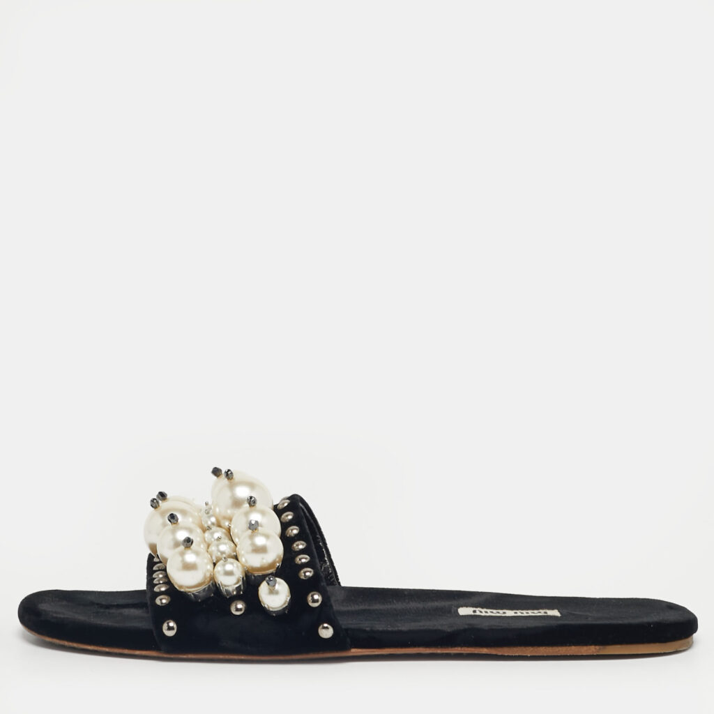 Miu Miu Black Velvet Faux Pearl Embellished Flat Slides Size 40