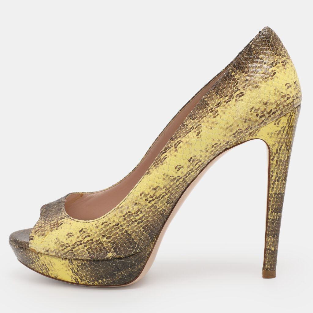 Miu Miu Yellow/Beige Python Embossed Leather Peep Toe Pumps Size 39.5
