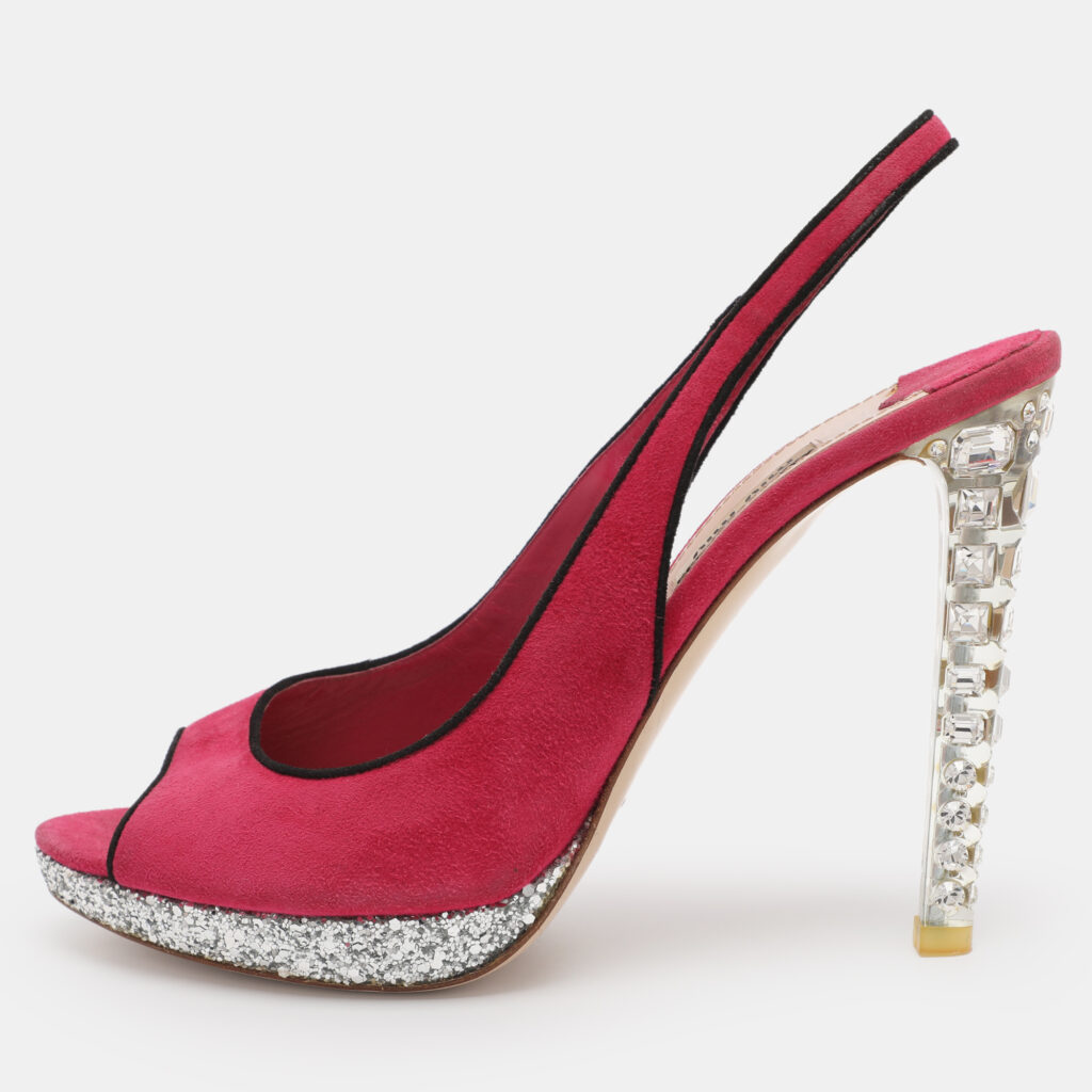 Miu Miu Pink Suede Crystal Heel Slingback Pumps Size 40