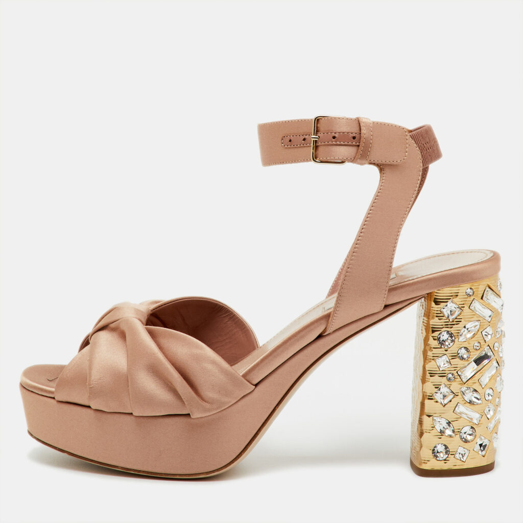 Miu Miu Beige Satin Crystal Embellished Block Heel Platform Ankle Strap Sandals Size 40 Miu Miu Beige Satin Crystal Embellished Block Heel Platform Ankle Strap Sandals Size 40