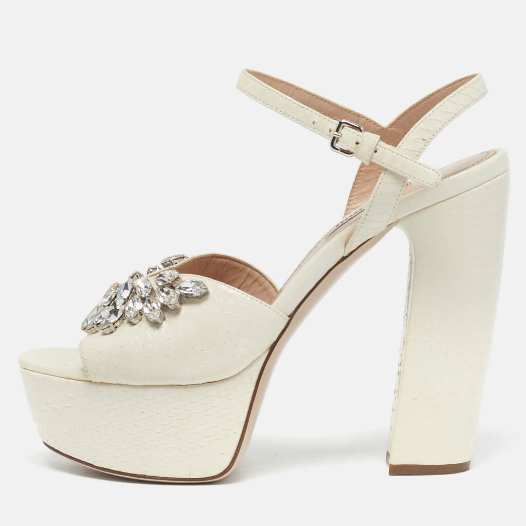 Miu Miu Cream Python Leather Crystal Embellish Platform Ankle Strap Sandals Size 36.5 Miu Miu Cream Python Leather Crystal Embellish Platform Ankle Strap Sandals Size 36.5