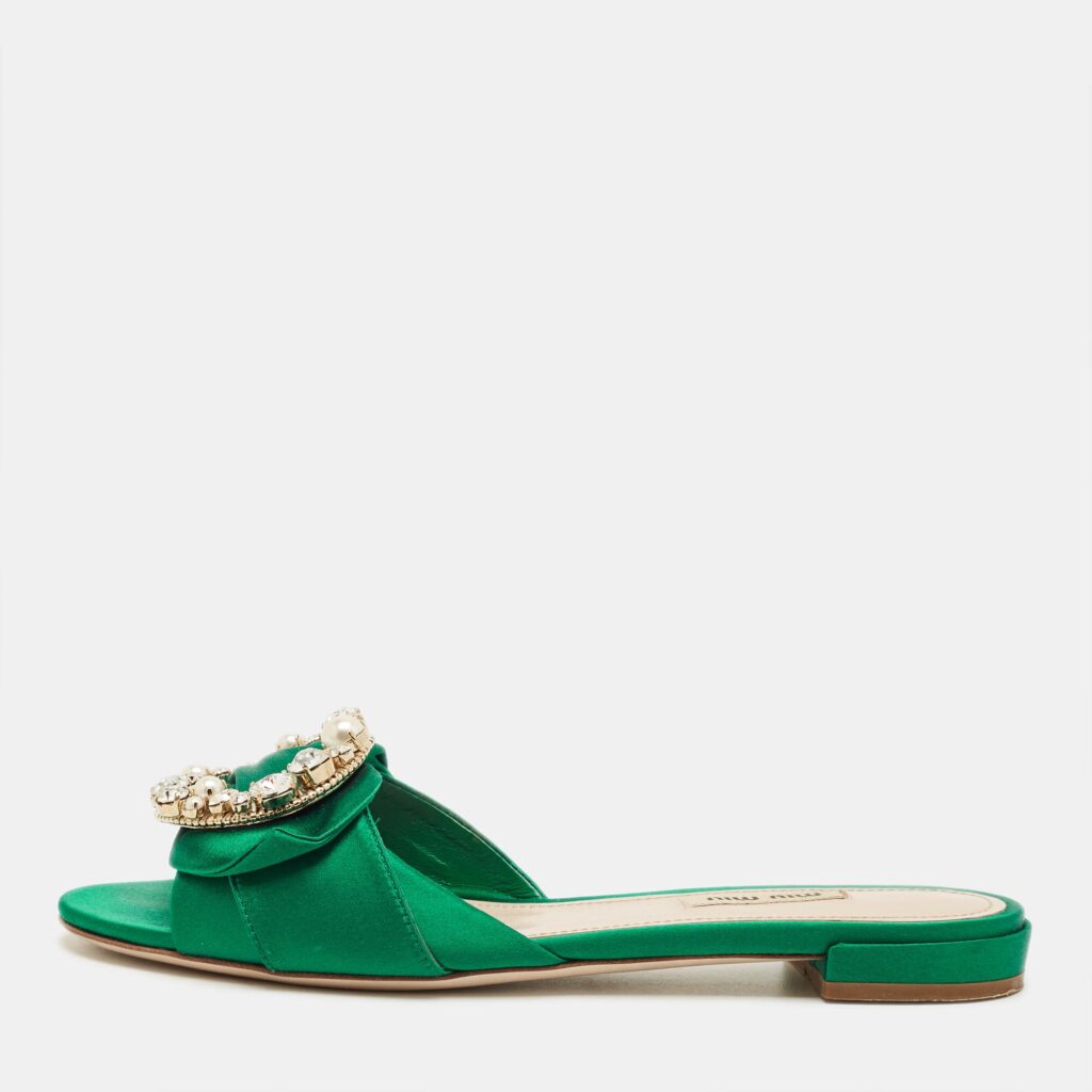 Miu Miu Green Satin Crystal Embellish Flat Slide Size 37.5 Miu Miu Green Satin Crystal Embellish Flat Slide Size 37.5