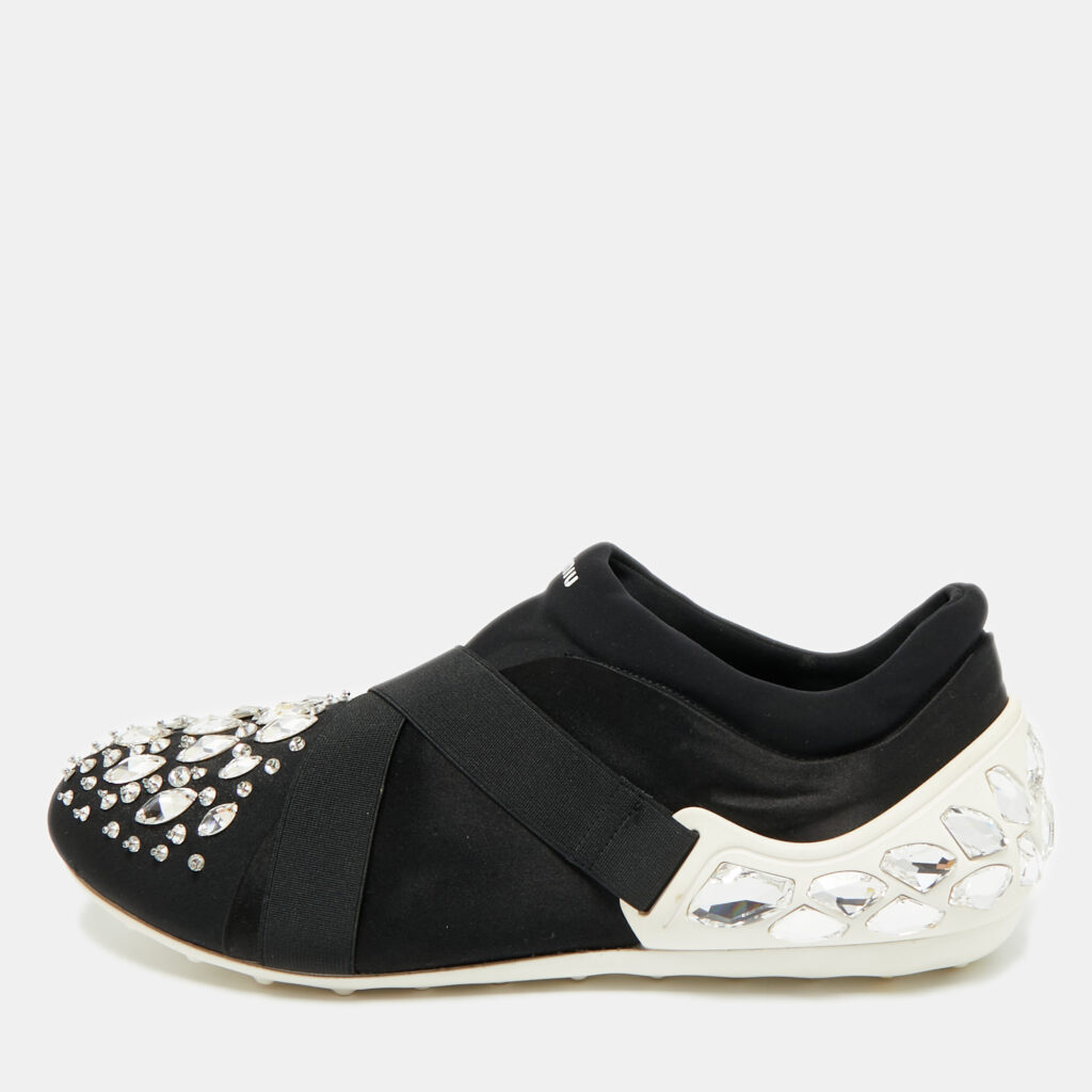 Miu Miu Black Elastic and Nylon Crystal Embellished Slip On Sneakers Size 38 Miu Miu Black Elastic and Nylon Crystal Embellished Slip On Sneakers Size 38