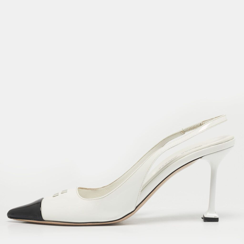Miu Miu Size 37 White/Black Patent Leather Cap Pointed Toe Slingback Pumps