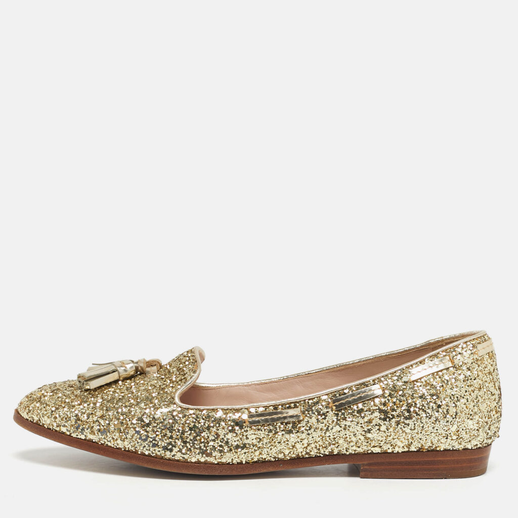 Miu Miu Size 38 Gold Glitter and Leather Tassel Smoking Slippers Miu Miu Size 38 Gold Glitter and Leather Tassel Smoking Slippers