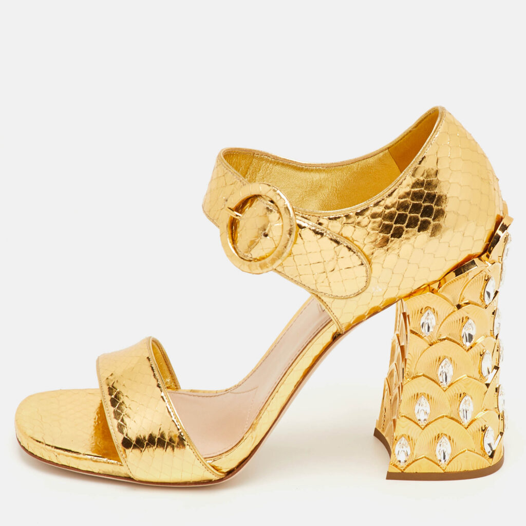Miu Miu Size 41 Gold Python Embossed Leather Crystal Embellished Block Heel Ankle Strap Sandals Miu Miu Size 41 Gold Python Embossed Leather Crystal Embellished Block Heel Ankle Strap Sandals