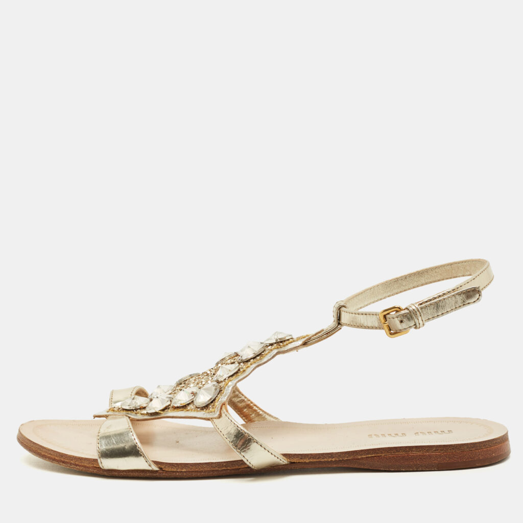 Miu Miu Size 35 Silver Foil Leather Crystal Embellished Ankle Strap Flat Sandals Miu Miu Size 35 Silver Foil Leather Crystal Embellished Ankle Strap Flat Sandals