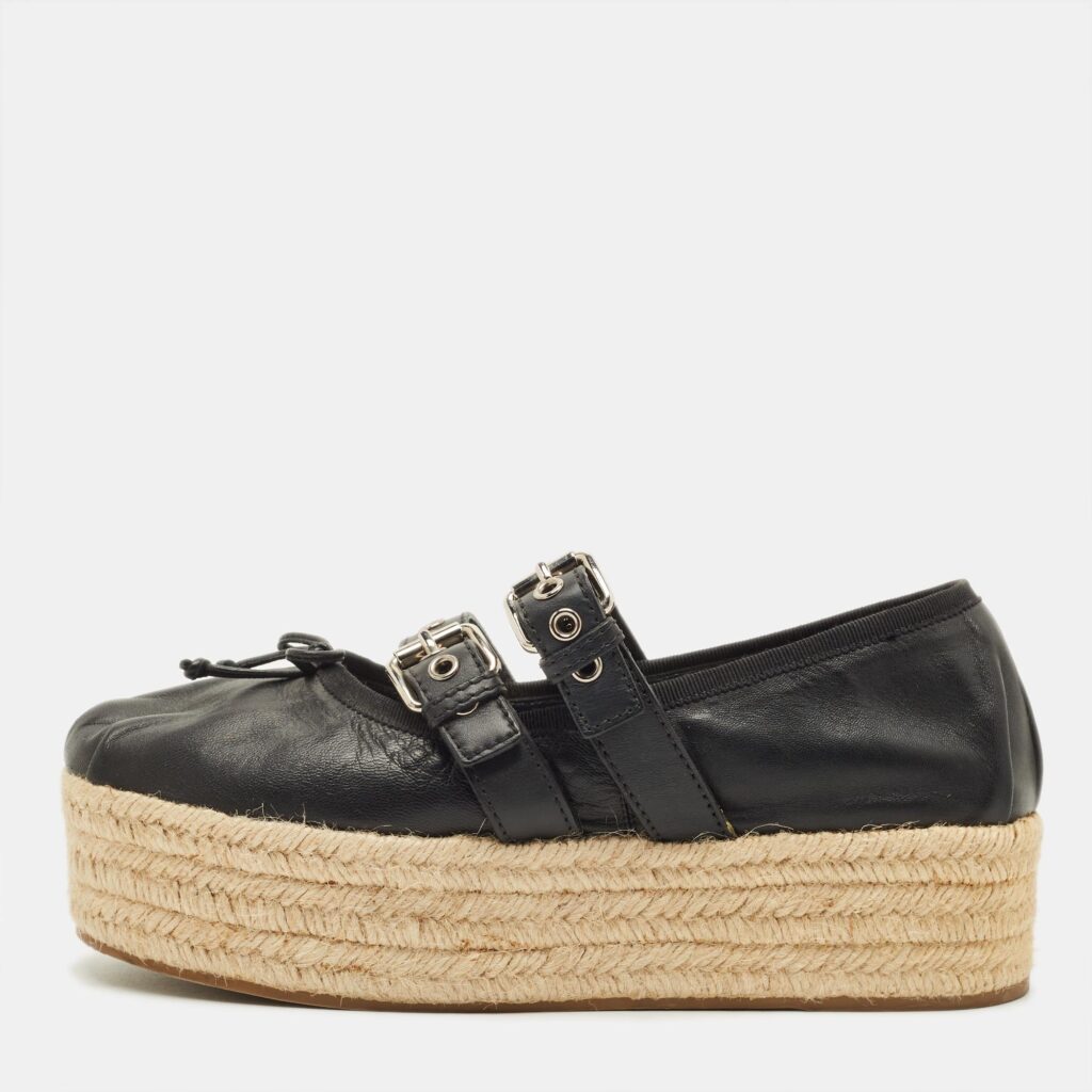 Miu Miu Size 40 Black Leather Belted Ballet Platform Espadrille Flats Miu Miu Size 40 Black Leather Belted Ballet Platform Espadrille Flats