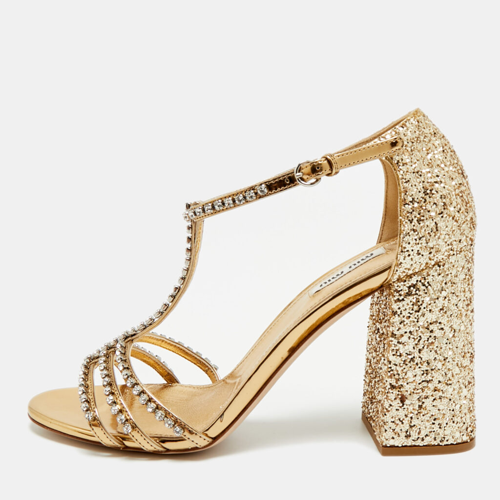 Miu Miu Crystal Embellished Size 38.5 Gold Glitter T-Strap Sandals