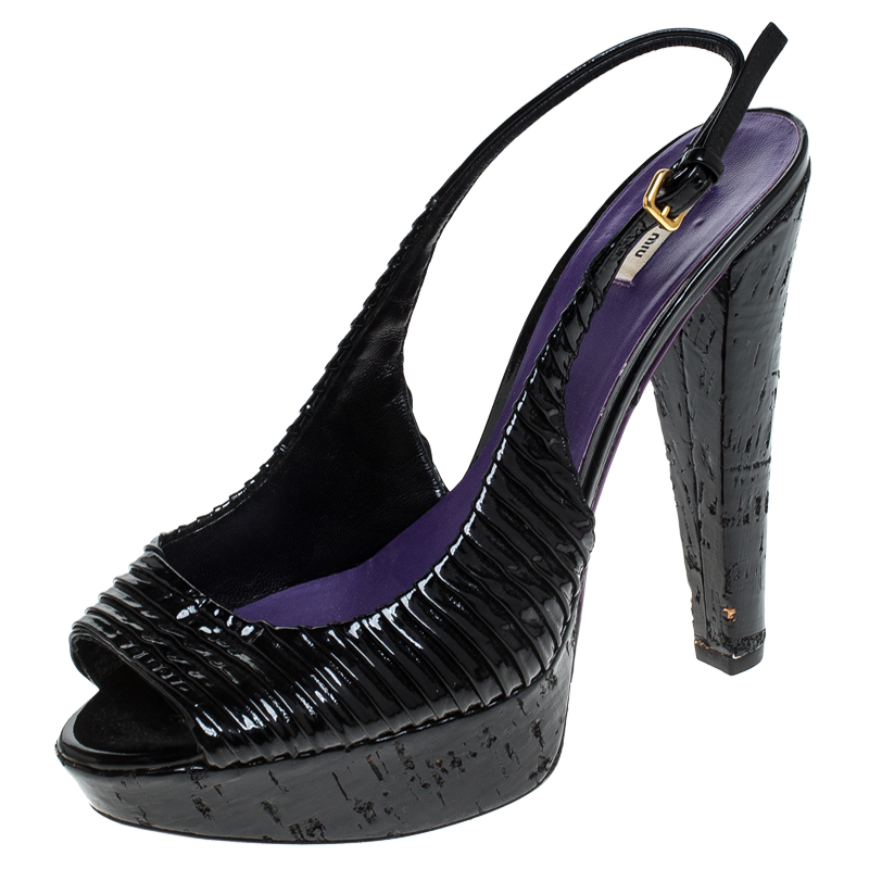 Miu Miu Black Pleated Leather Peep Toe Platform Slingback Sandals Size 38.5 Miu Miu Black Pleated Leather Peep Toe Platform Slingback Sandals Size 38.5