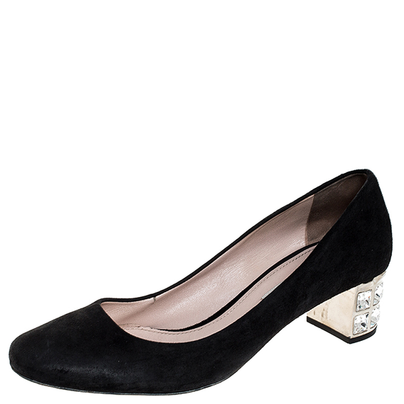 Miu Miu Black Suede Crystal Heel Pumps Size 38 Miu Miu Black Suede Crystal Heel Pumps Size 38