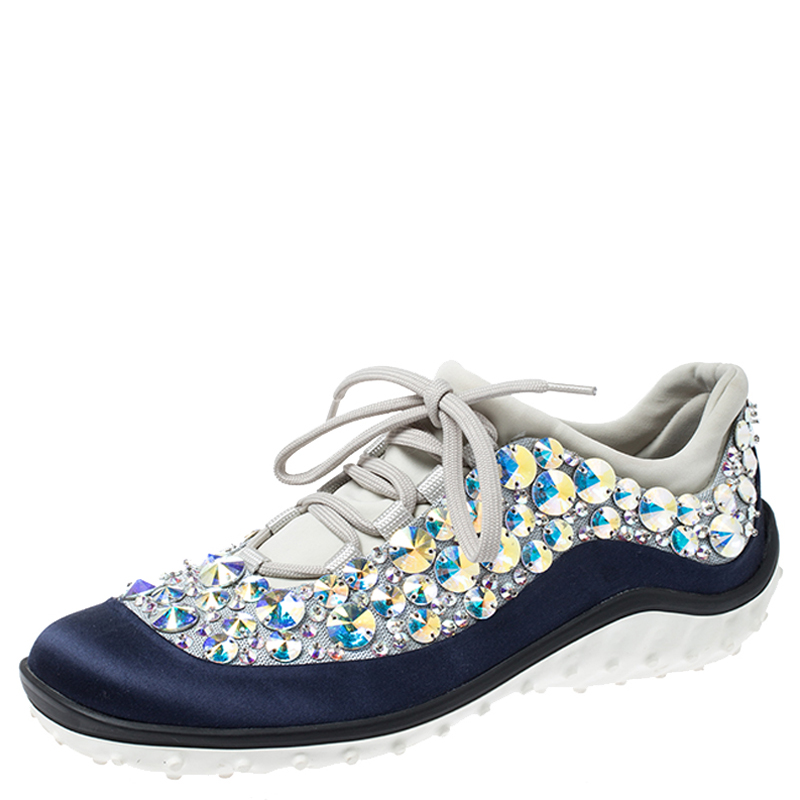 Miu Miu Blue/Grey Embellished Satin and Mesh Astro Sneakers Size 35