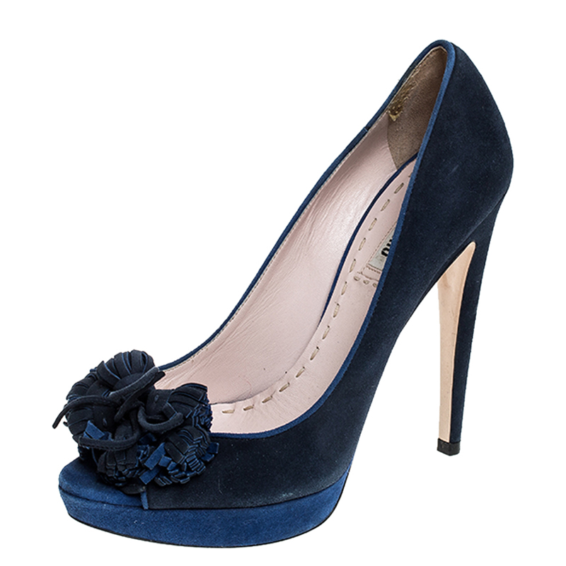 Miu Miu Blue Suede Tassel Detail Peep Toe Platform Pumps Size 39 Miu Miu Blue Suede Tassel Detail Peep Toe Platform Pumps Size 39