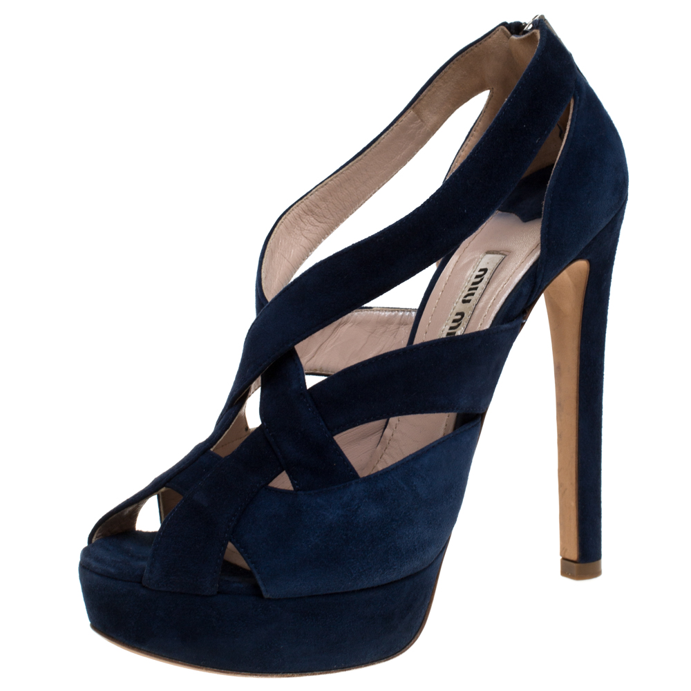 Miu Miu Blue Suede Leather Strappy Platform Sandals Size 36.5 Miu Miu Blue Suede Leather Strappy Platform Sandals Size 36.5