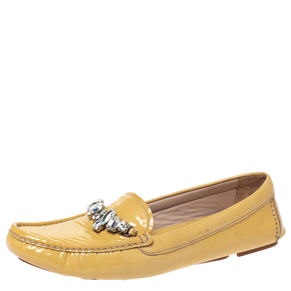 Miu Miu Pale Yellow Patent Leather Crystal Embellished Slip On Loafer Size 40.5 Miu Miu Pale Yellow Patent Leather Crystal Embellished Slip On Loafer Size 40.5