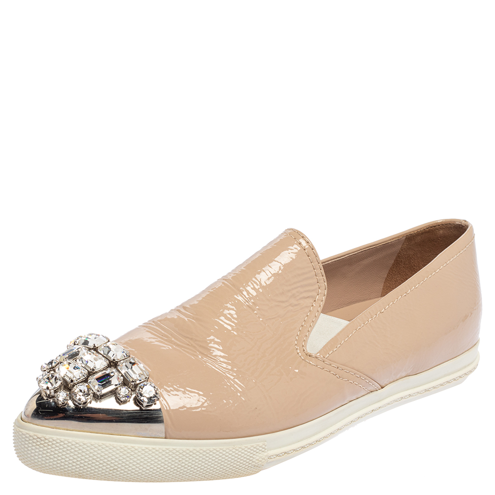 luxury-women-miu-miu-used-shoes-p465312-005.jpg Miu Miu Beige Patent Embellished Cap Toe Slip On Sneakers Size 38