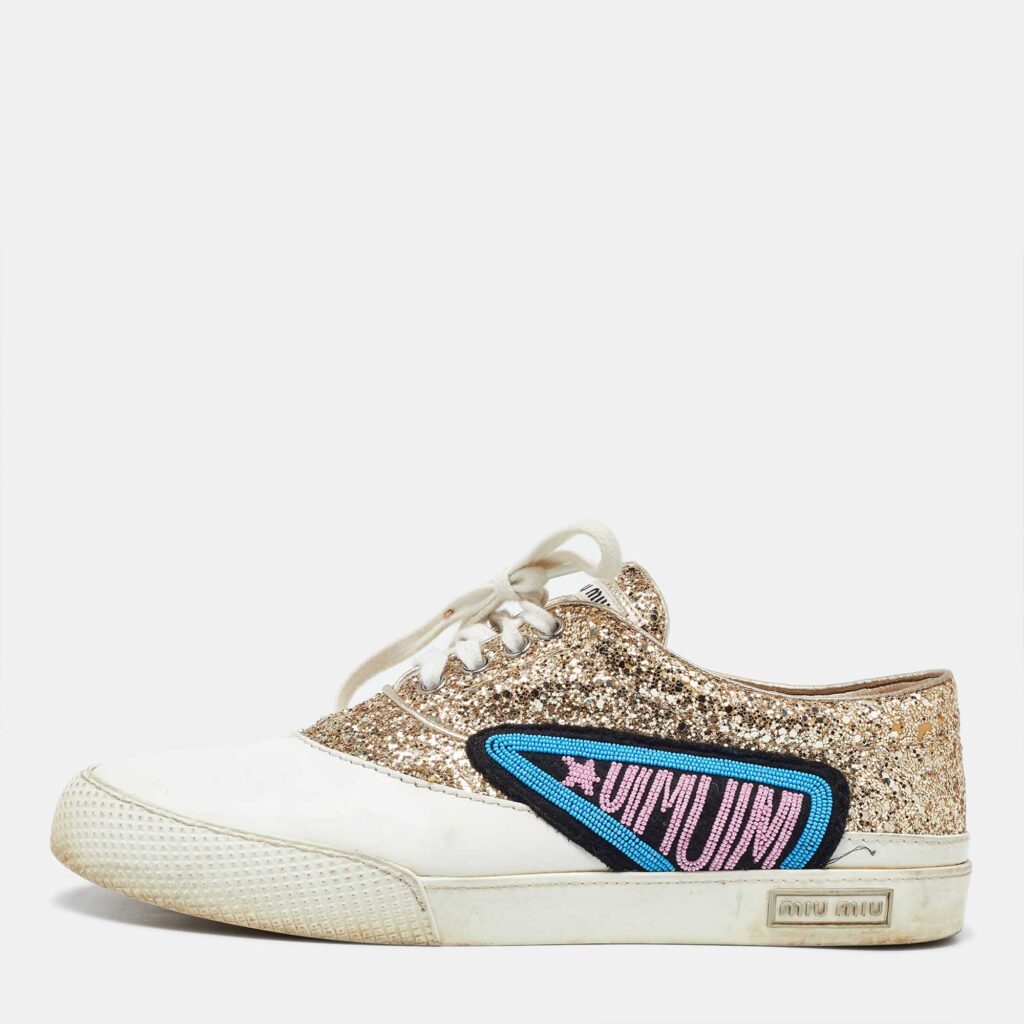 luxury-women-miu-miu-used-shoes-p982077-003.jpg Miu Miu White/Gold Leather and Glitter Low Top Sneakers Size 41