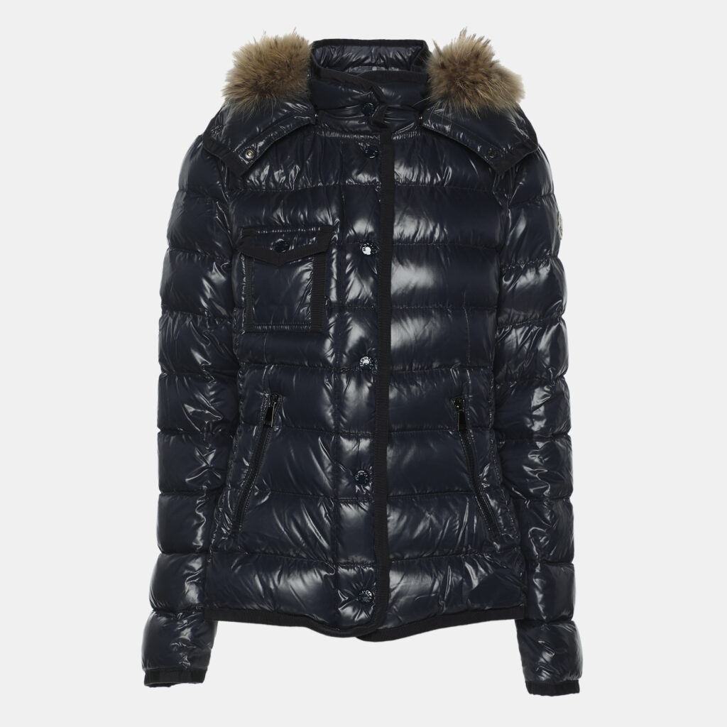 Moncler Navy Blue Quilted Armoise Fur Lined Hooded Down Jacket S