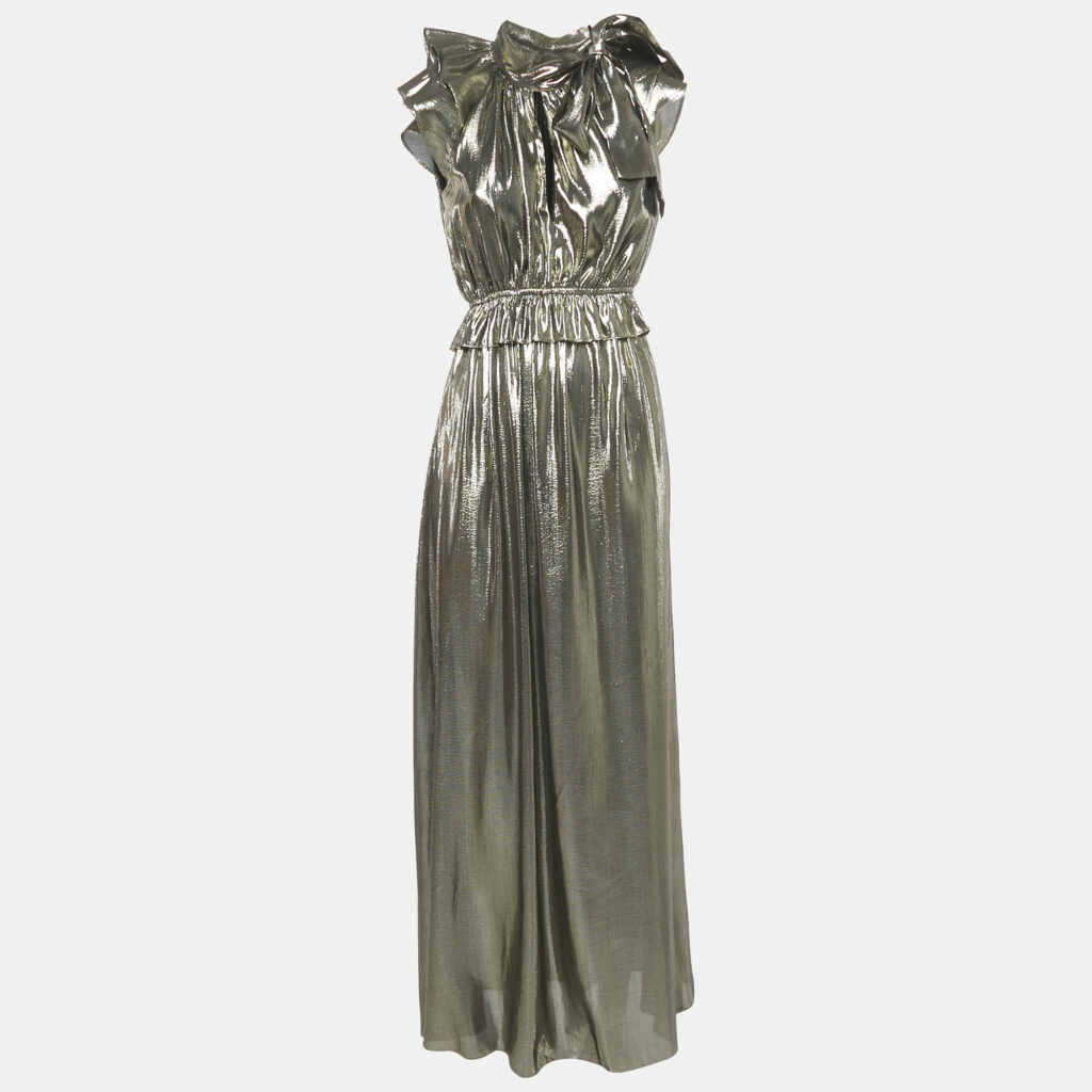 Monique Lhuillier Metallic Silk Lurex Ruffled Neck Tie-Up Detail Maxi Dress S Monique Lhuillier Metallic Silk Lurex Ruffled Neck Tie-Up Detail Maxi Dress S