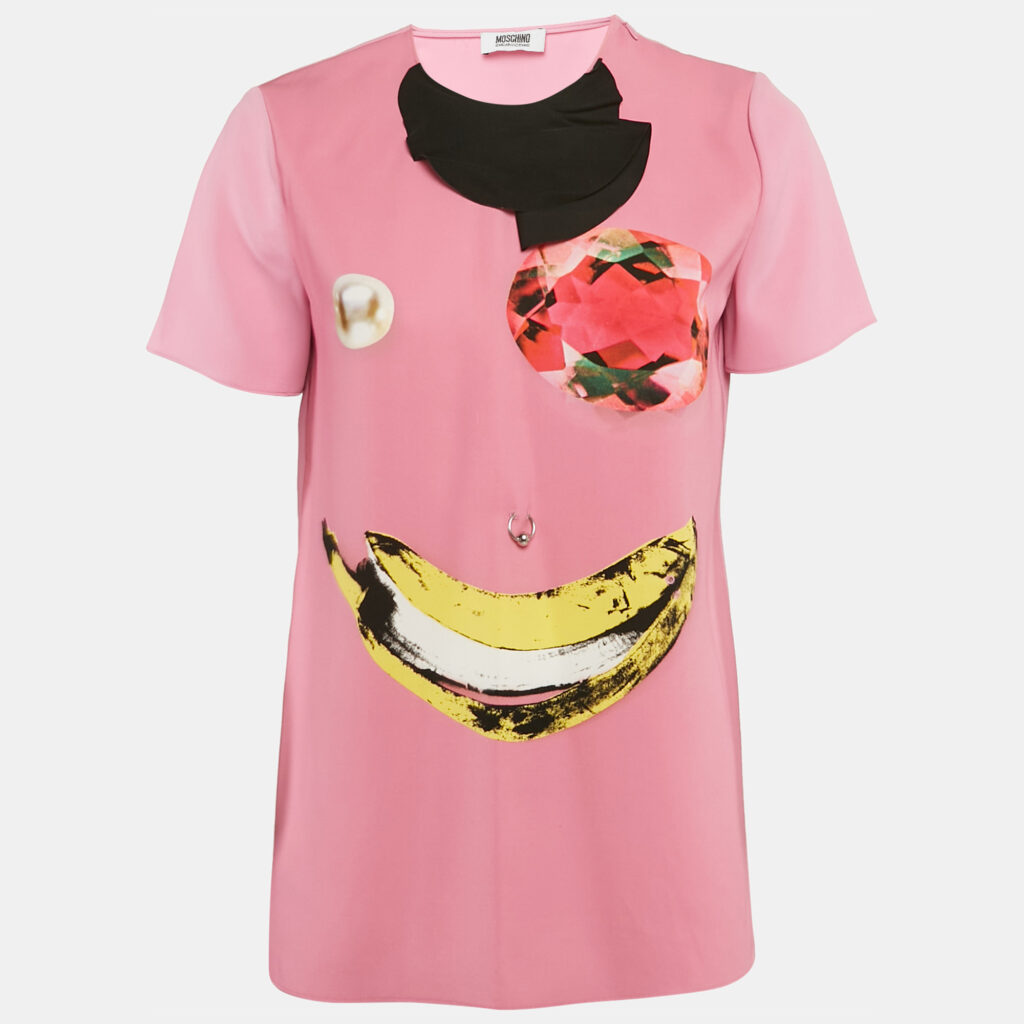 Moschino Cheap and Chic Pink Printed Crepe Metal Ring Detail Top S Moschino Cheap and Chic Pink Printed Crepe Metal Ring Detail Top S