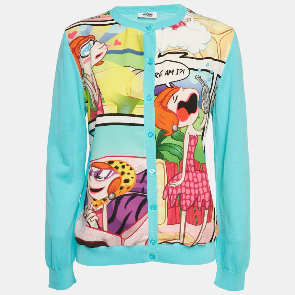 Moschino Cheap and Chic Blue Printed Chiffon and Cotton Knit Cardigan L Moschino Cheap and Chic Blue Printed Chiffon and Cotton Knit Cardigan L