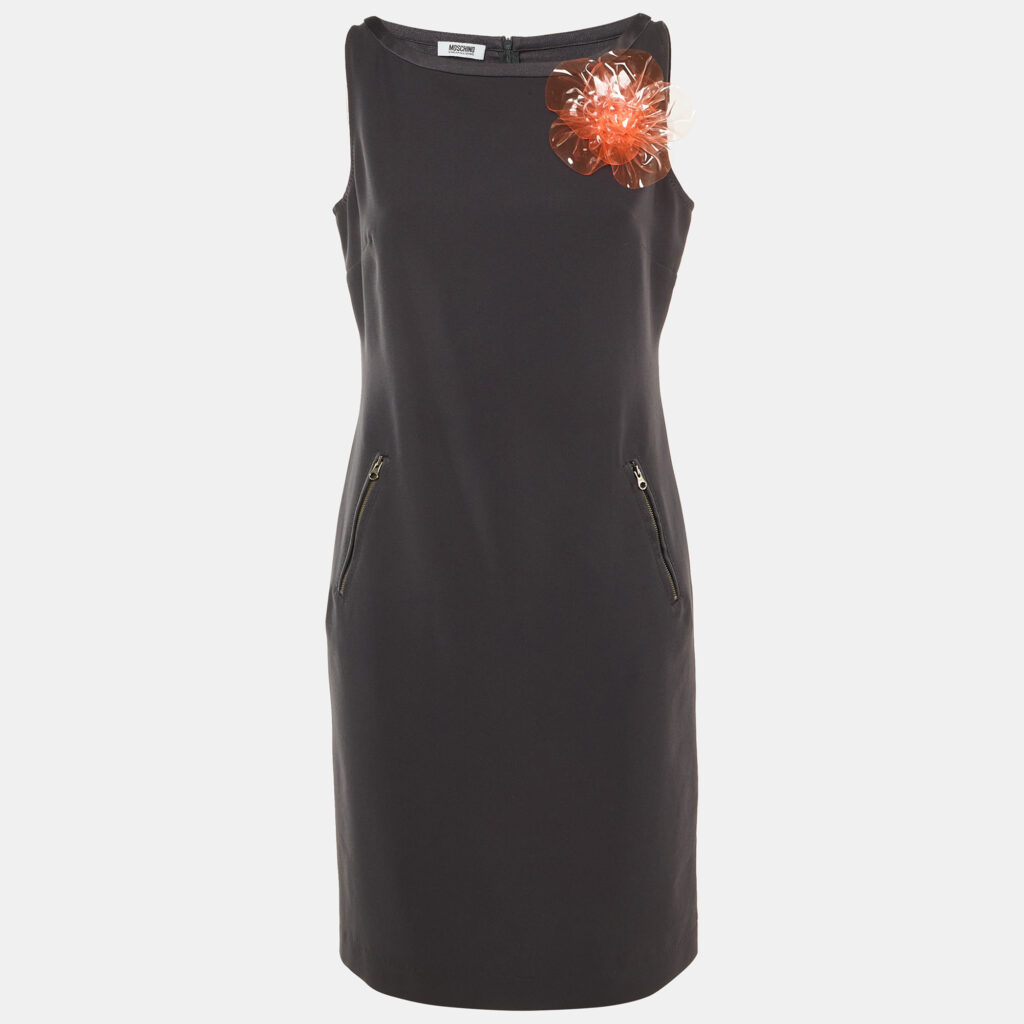 Moschino Cheap and Chic Black Crepe Flower Brooch Detail Mini Dress M Moschino Cheap and Chic Black Crepe Flower Brooch Detail Mini Dress M