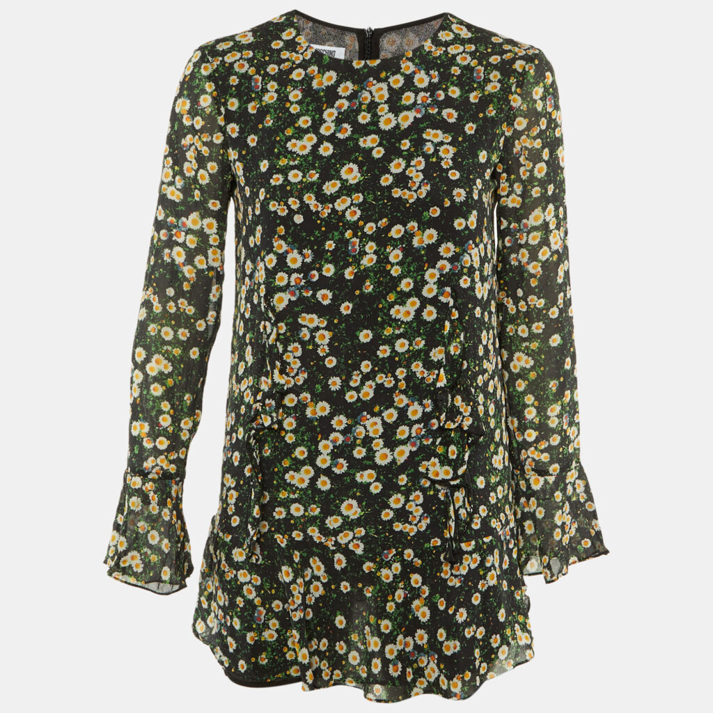 Moschino Cheap and Chic Black Floral Print Crepe Flounced Hem Dress M