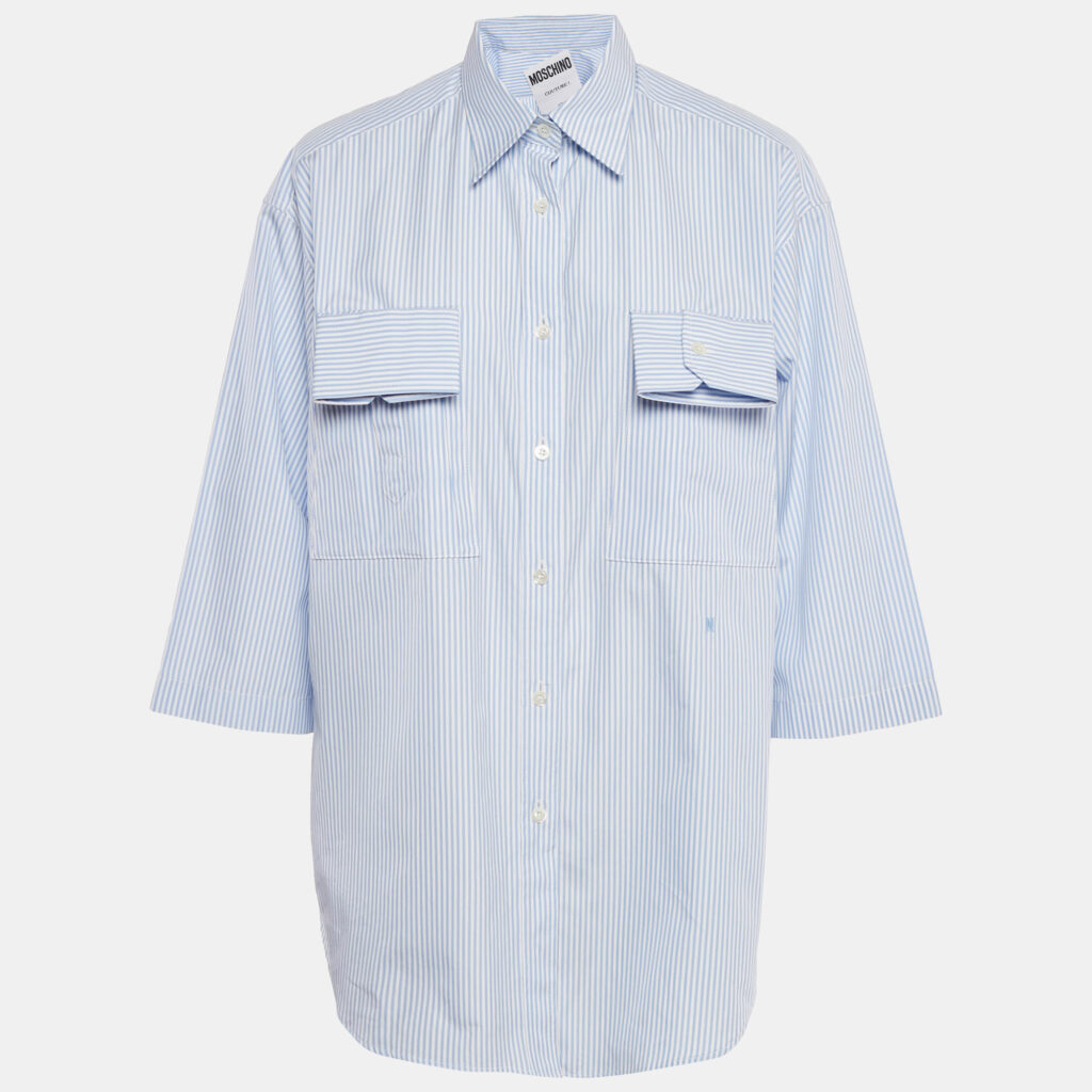 Moschino Couture Blue Striped Cotton Cuffed Pocket Shirt S Moschino Couture Blue Striped Cotton Cuffed Pocket Shirt S