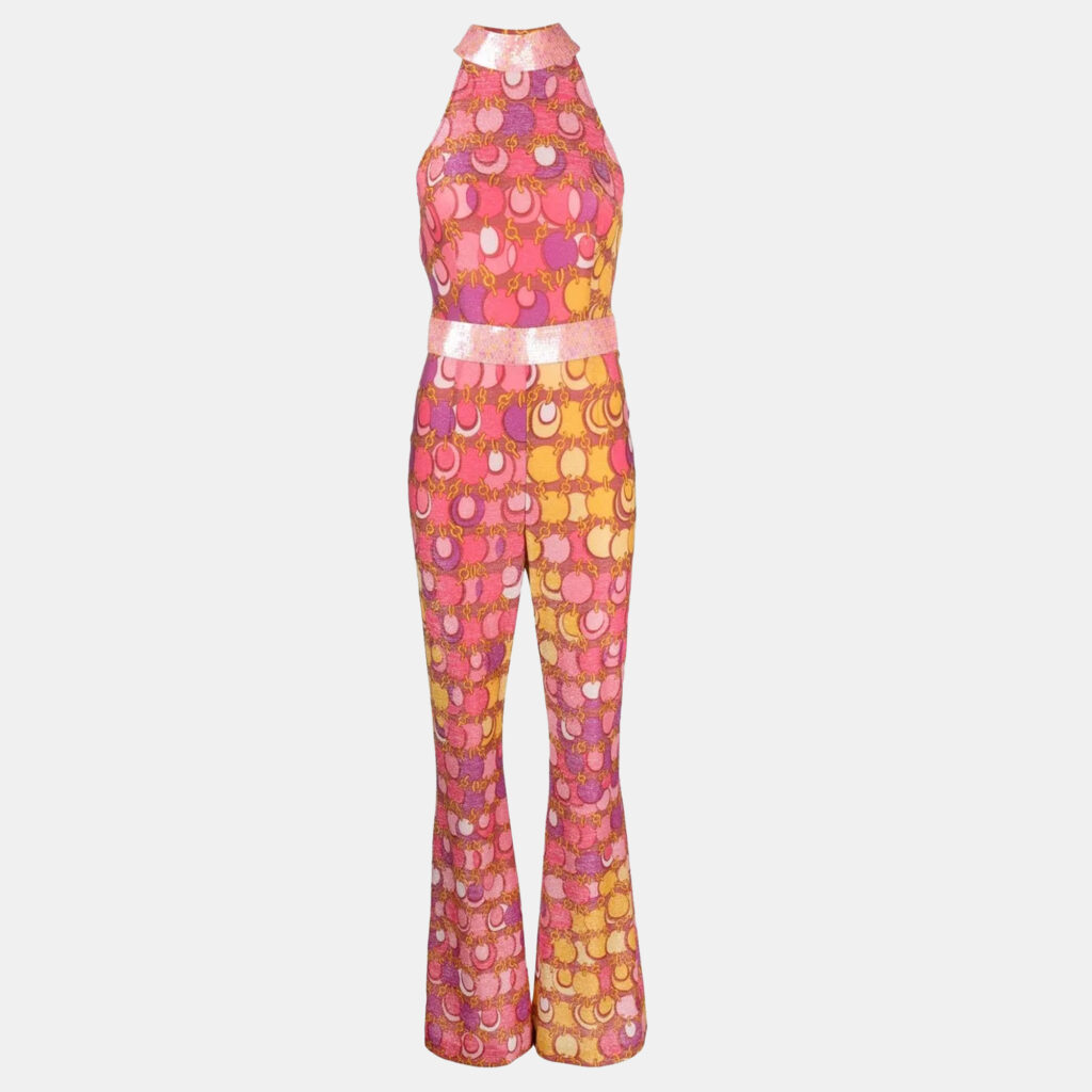 Moschino Couture Pink Printed Lurex Jersey Sequin Trim Jumpsuit XS Moschino Couture Pink Printed Lurex Jersey Sequin Trim Jumpsuit XS
