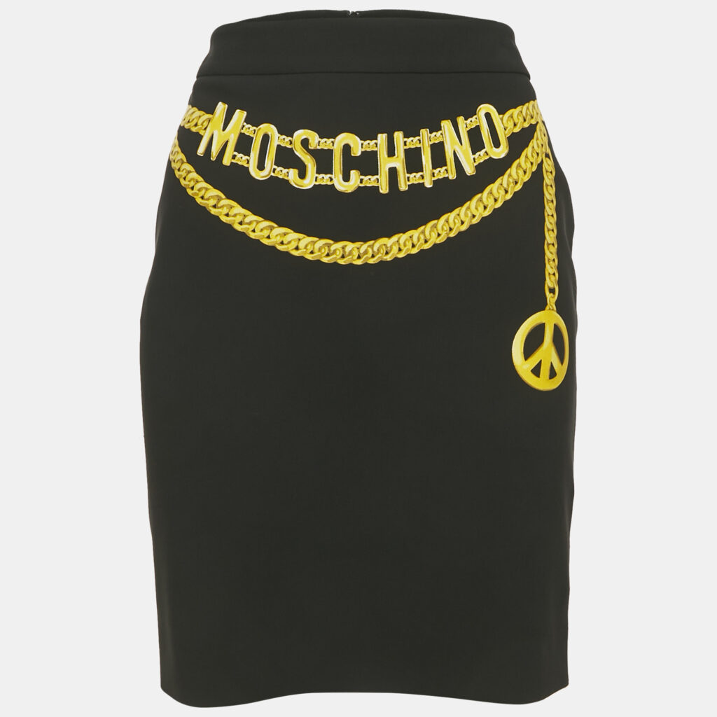 Moschino Couture Black Logo & Chain Print Crepe Mini Skirt M Moschino Couture Black Logo & Chain Print Crepe Mini Skirt M