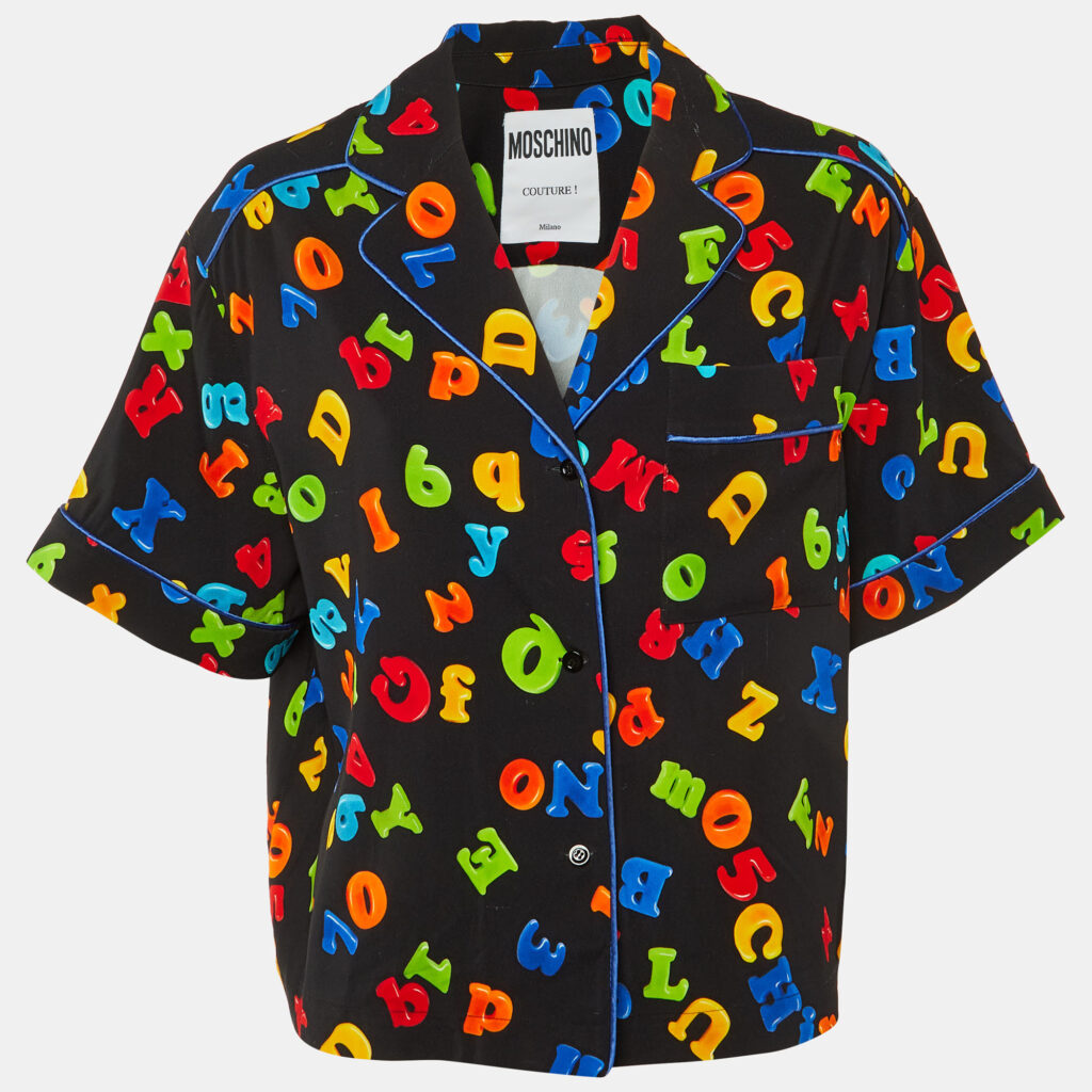 Moschino Couture Black Letter Print Crepe Short Sleeve Shirt L