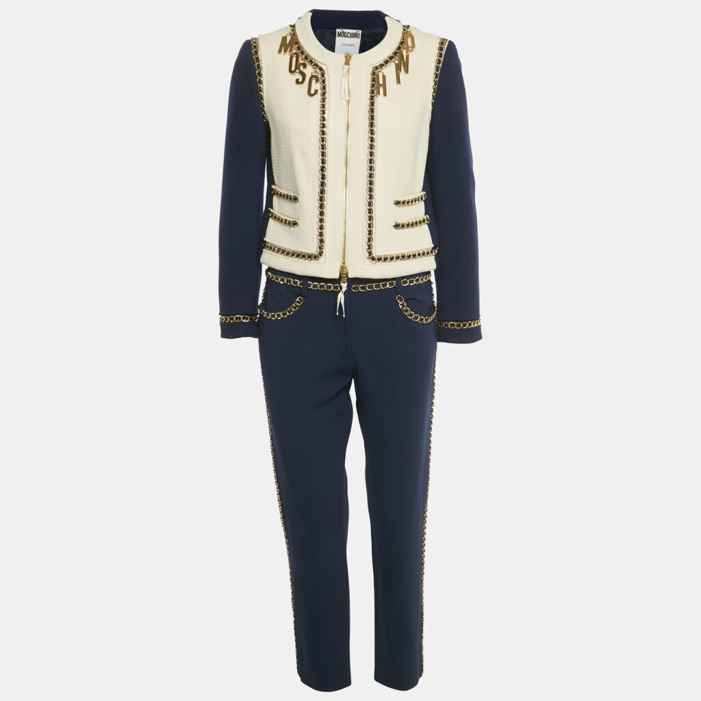 Moschino Couture Navy Blue Tweed & Crepe Chain Detail Jacket & Pants Set M Moschino Couture Navy Blue Tweed & Crepe Chain Detail Jacket & Pants Set M