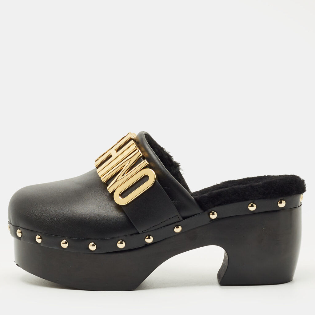 Moschino Black Leather Logo Clogs Size 37