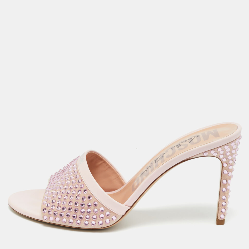 Moschino Pink Leather and Suede Crystal Embellished Slide Sandals Size 40 Moschino Pink Leather and Suede Crystal Embellished Slide Sandals Size 40