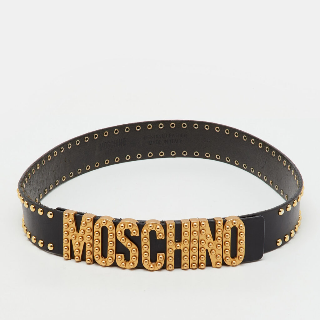 Moschino Black Leather Studded Classic Logo Belt 75CM