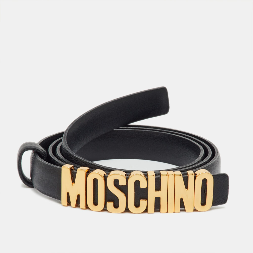 luxury-women-moschino-used-accessories-p1241110-001-1.jpg Moschino Black Leather Classic Logo Slim Waist Belt 85CM