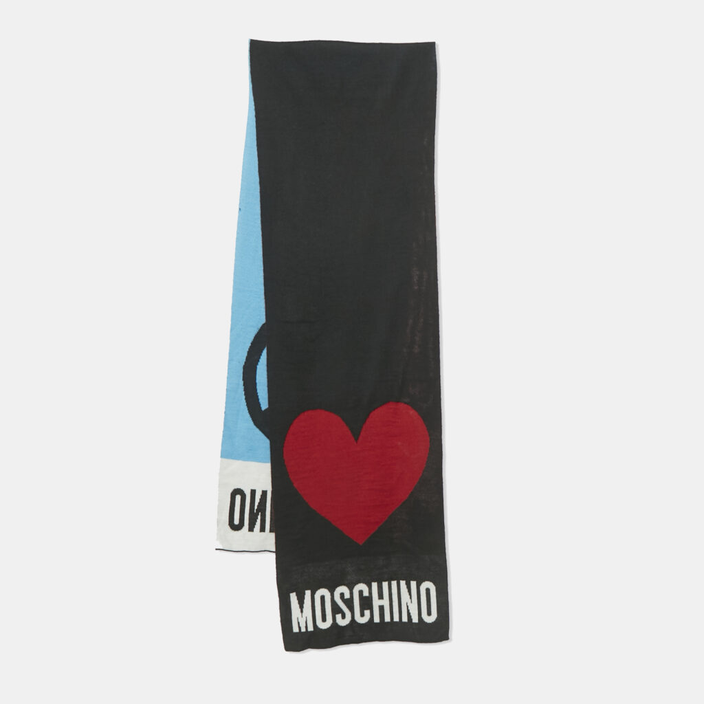 Moschino Black Logo Intarsia Wool Knit Scarf Moschino Black Logo Intarsia Wool Knit Scarf