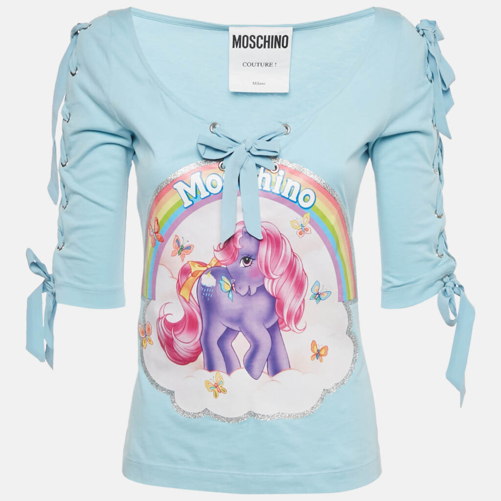 Moschino Couture Blue My Little Pony Print Jersey Lace-Up Top S Moschino Couture Blue My Little Pony Print Jersey Lace-Up Top S