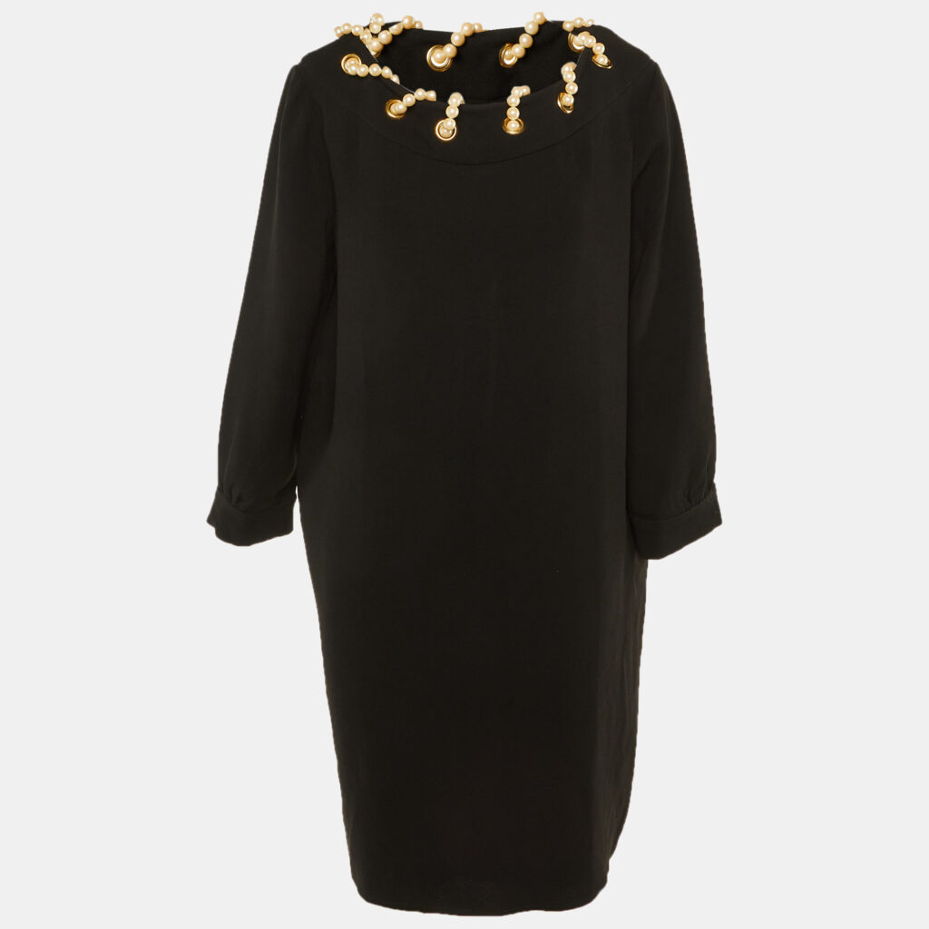 Moschino Black Crepe Pearl Detail Short Dress L Moschino Black Crepe Pearl Detail Short Dress L